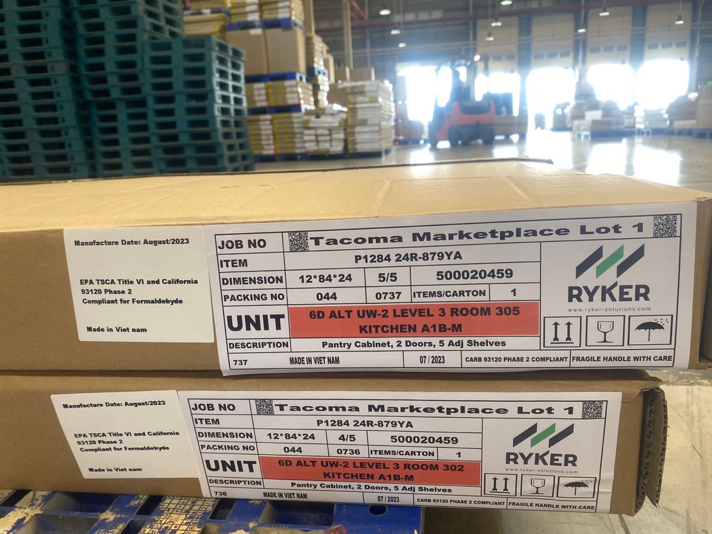 Boxes labelled by lot, level and unit